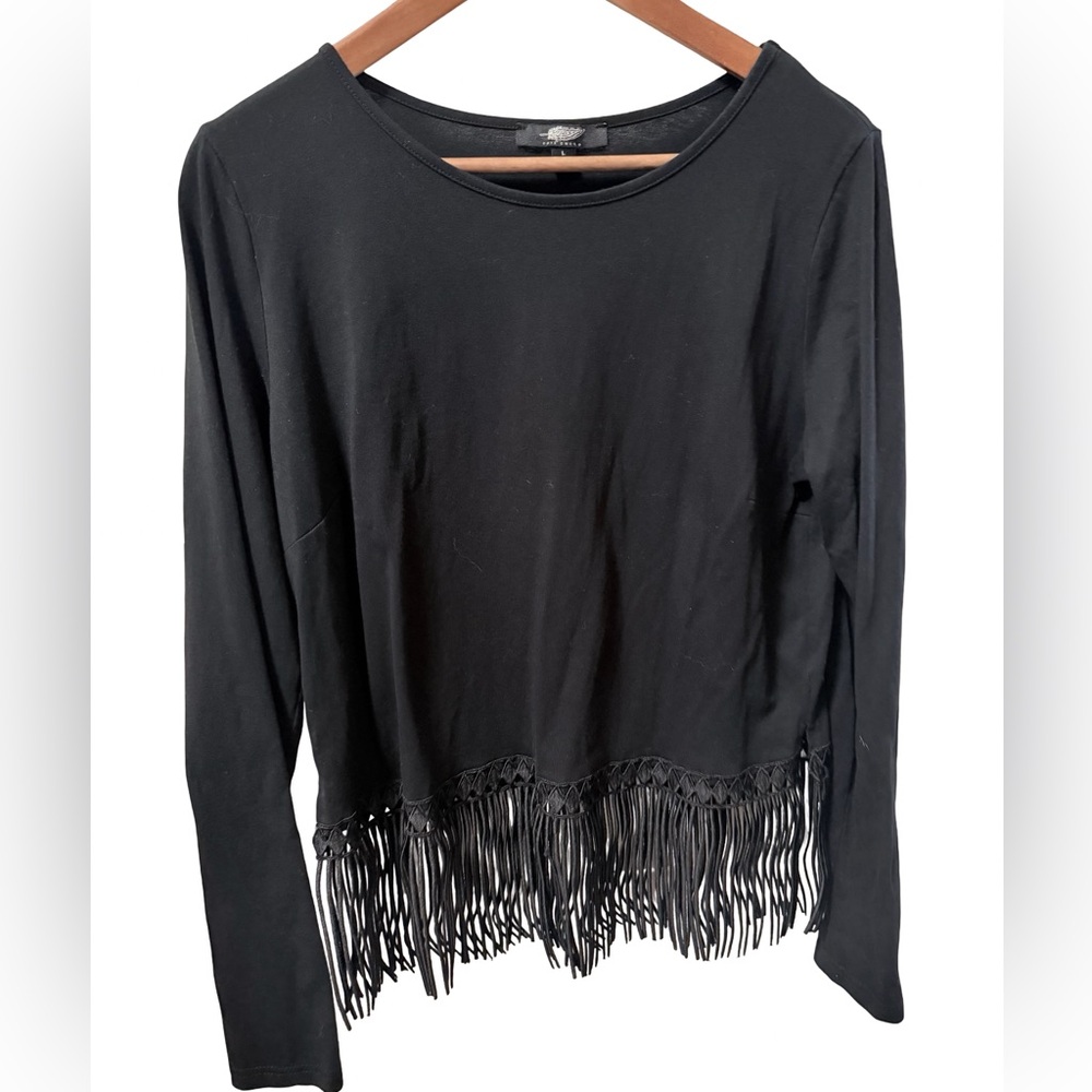 Fair Child Black Long Sleeve Fringe Top
